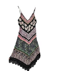 Crystal Doll Juniors Boho Slip Dress Crochet V Hem Midi Geometric Paisley S New
